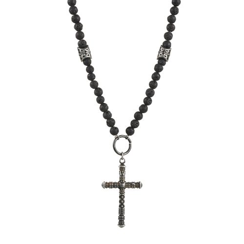 Stainless Steel Antique plated Cross+Lava Rock Bead Neck Chain