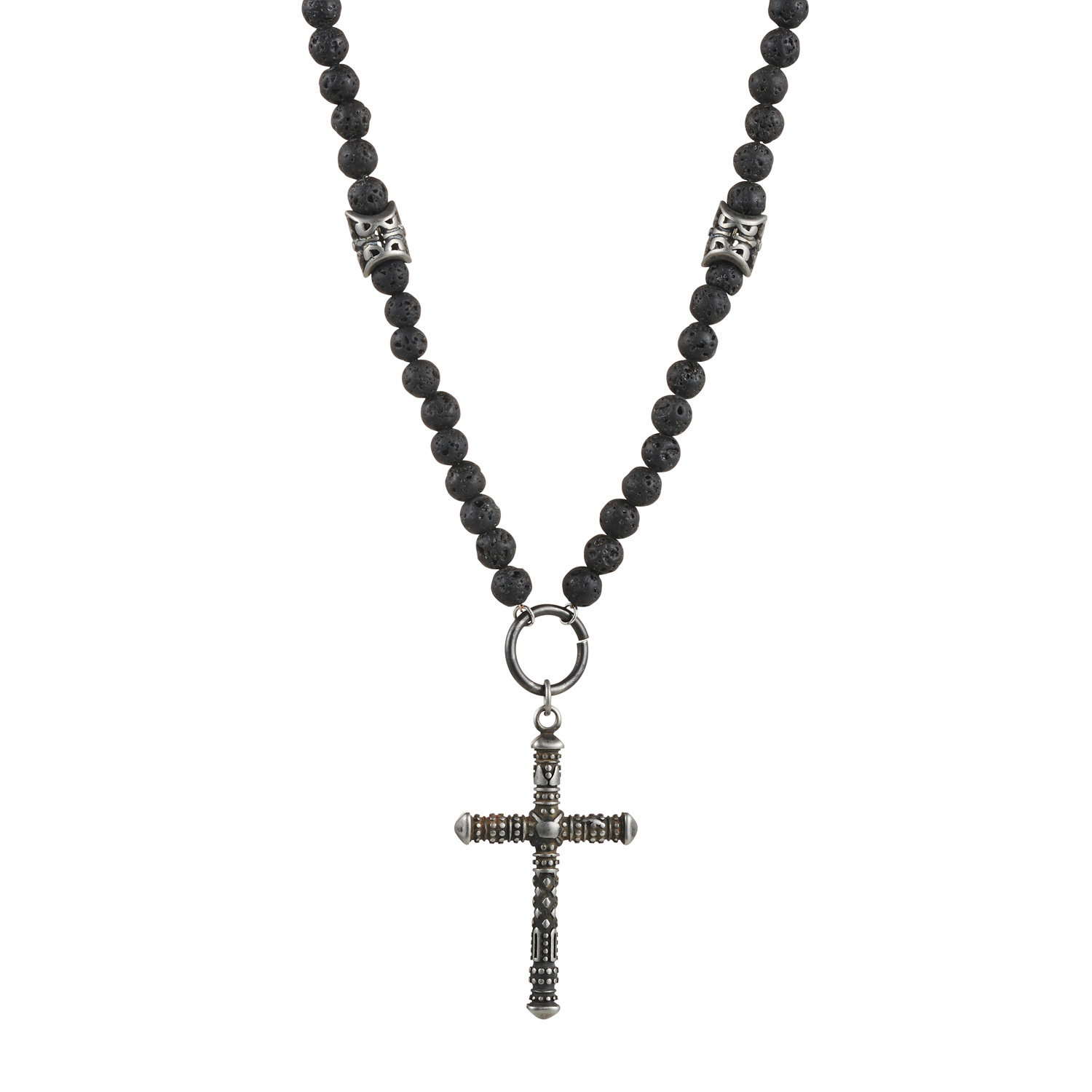Stainless Steel Antique plated Cross+Lava Rock Bead Neck Chain